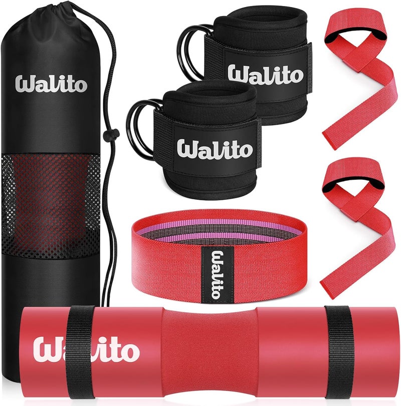 WALITO 7Pcs Barbell Pad Set for Hip Thrust - Squat Pad,Gym Accessories for Women with Bar Bad,Bench Press, with Gym Ankle Straps,Resistance Bands for Working Out,Lifting Strap,Carry Bag - Image 1